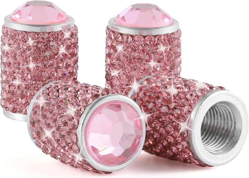 alpmosn Car Wheel Tire Valve Caps, 4 PCS Bling Tire Valve Caps, Crystal Tire Caps Shinny Rhinestone for Women, Universal Car Dustproof Tire Valve Caps for Cars, Trucks, SUV and Motorcycles (Pink) - Image 1